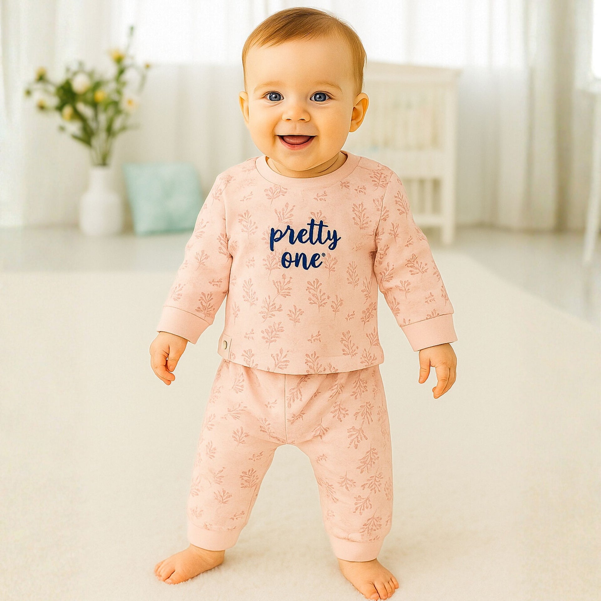 OLLYPOP Baby Girls Floral Printed Top & Bottom Set – “Pretty One” – Cream & Pink | Sizes 3–9 Months