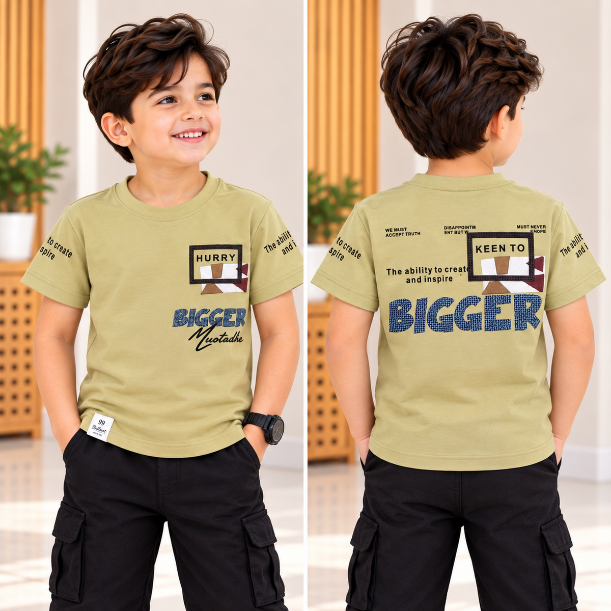 99 BALLON boys olive green graphic T-shirt front and back photoshoot