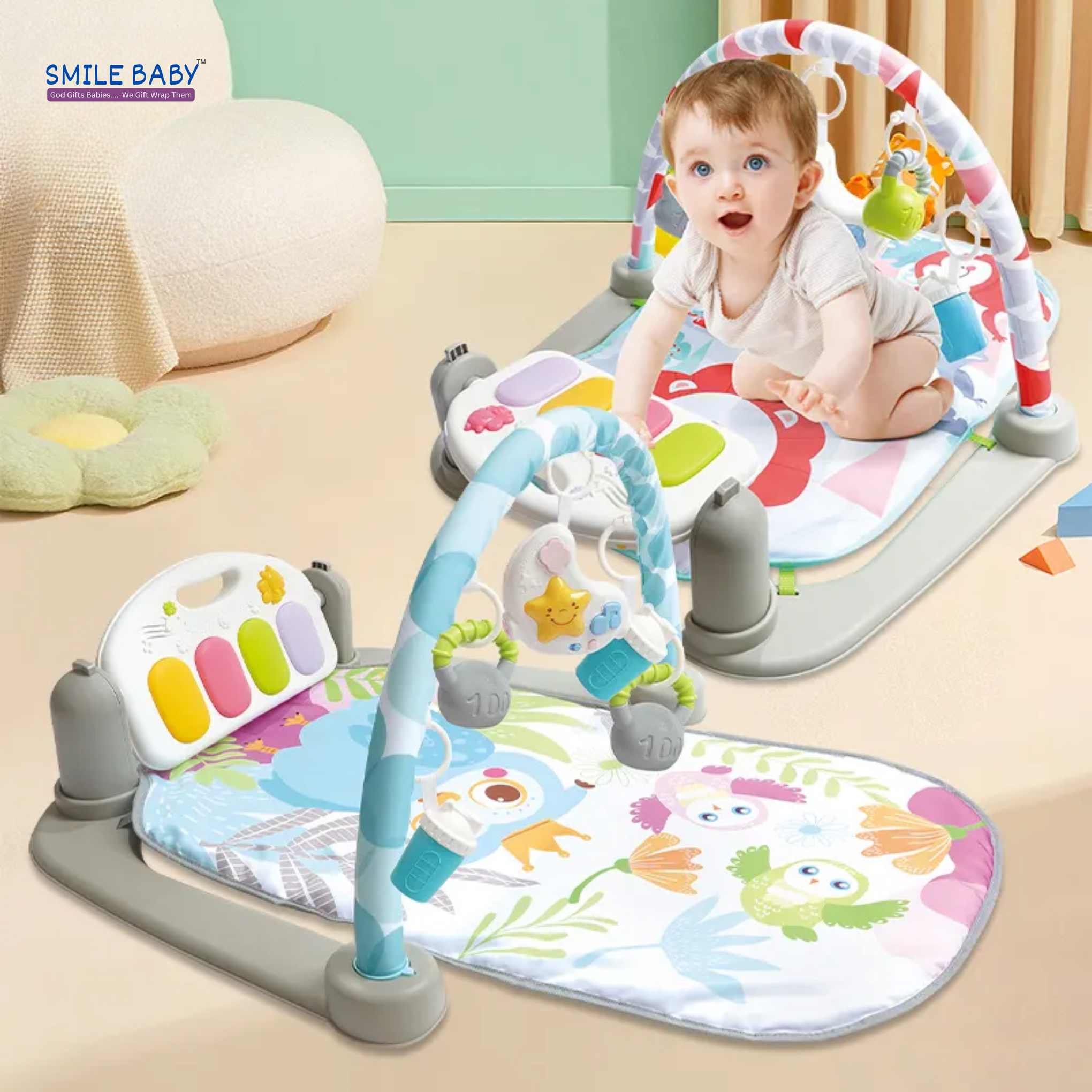 Smile Baby High Quality Baby Bluetooth Play Mat Toy Frog Piano Gym Mat Electronic Play Mat Musical Toy With Ring Toy for Babies (Owl Style ,Blue)