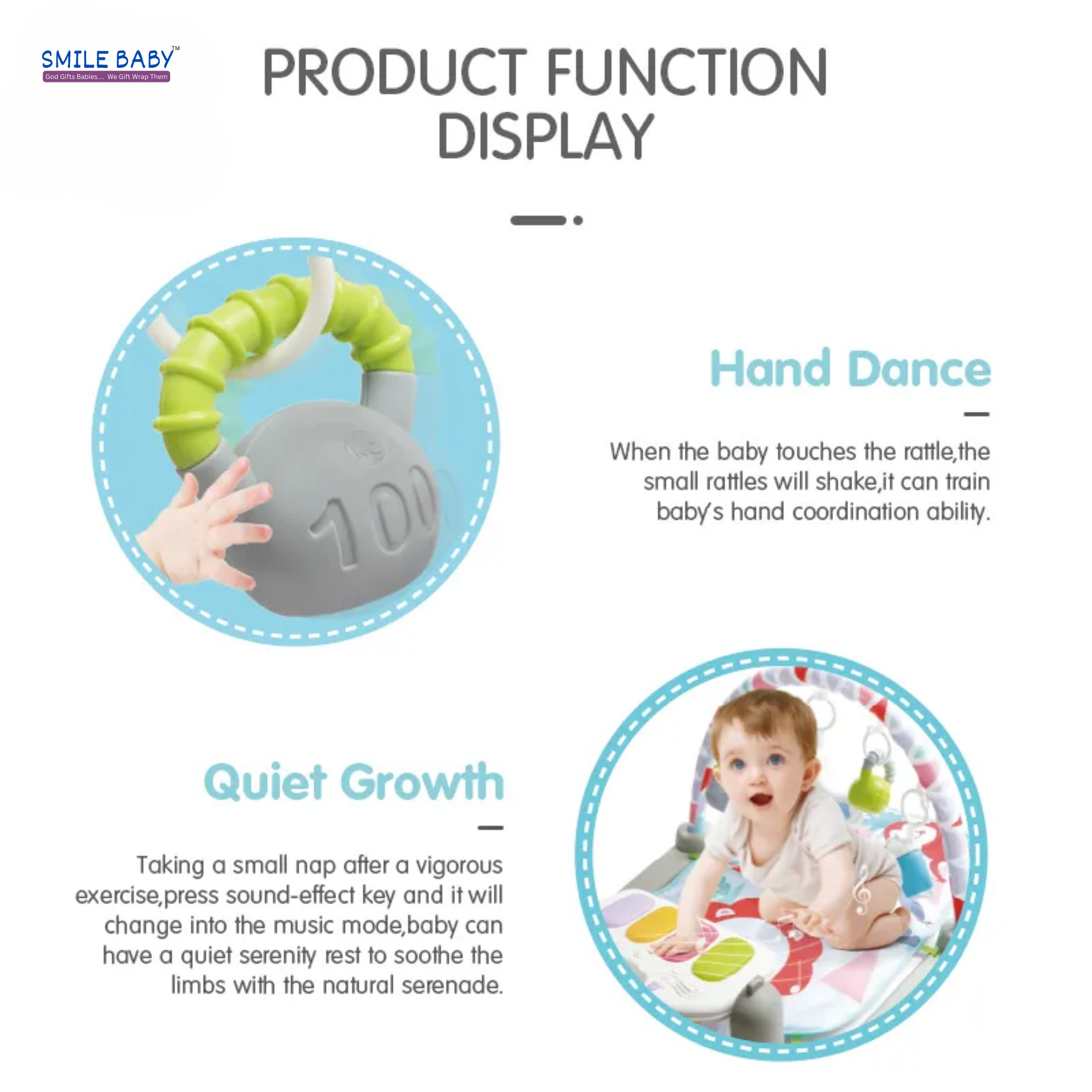 Smile Baby High Quality Baby Bluetooth Play Mat Toy Frog Piano Gym Mat Electronic Play Mat Musical Toy With Ring Toy for Babies (Owl Style ,Blue)