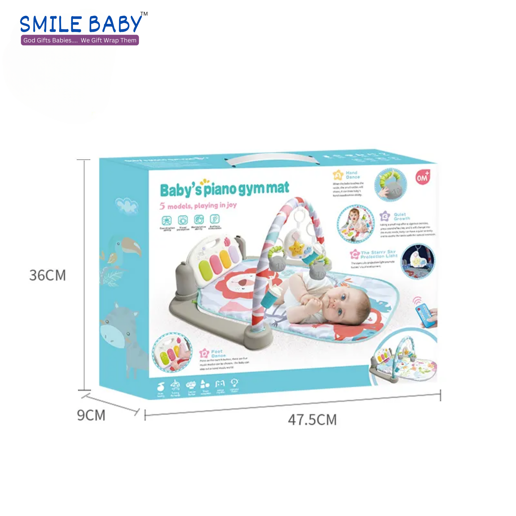 Smile Baby High Quality Baby Bluetooth Play Mat Toy Frog Piano Gym Mat Electronic Play Mat Musical Toy With Ring Toy for Babies (Owl Style ,Blue)