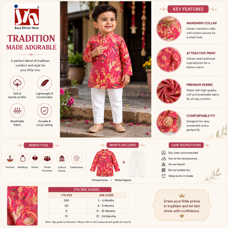 JTN Baby Boys Ethnic Wear Pink Printed Kurta with White Pajama Set