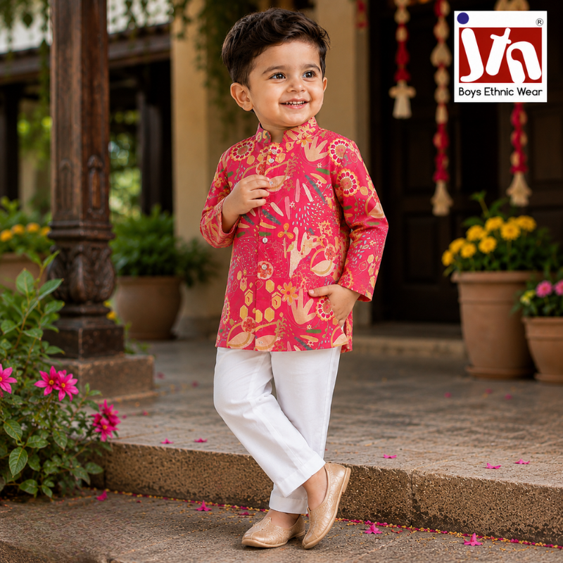 JTN Baby Boys Ethnic Wear Pink Printed Kurta with White Pajama Set