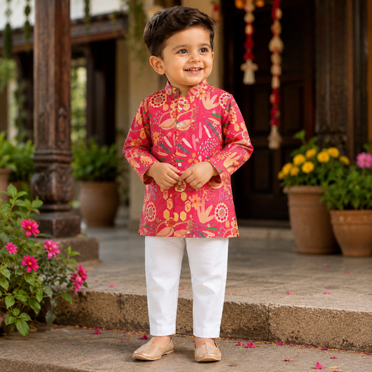 JTN Baby Boys Ethnic Wear Pink Printed Kurta with White Pajama Set