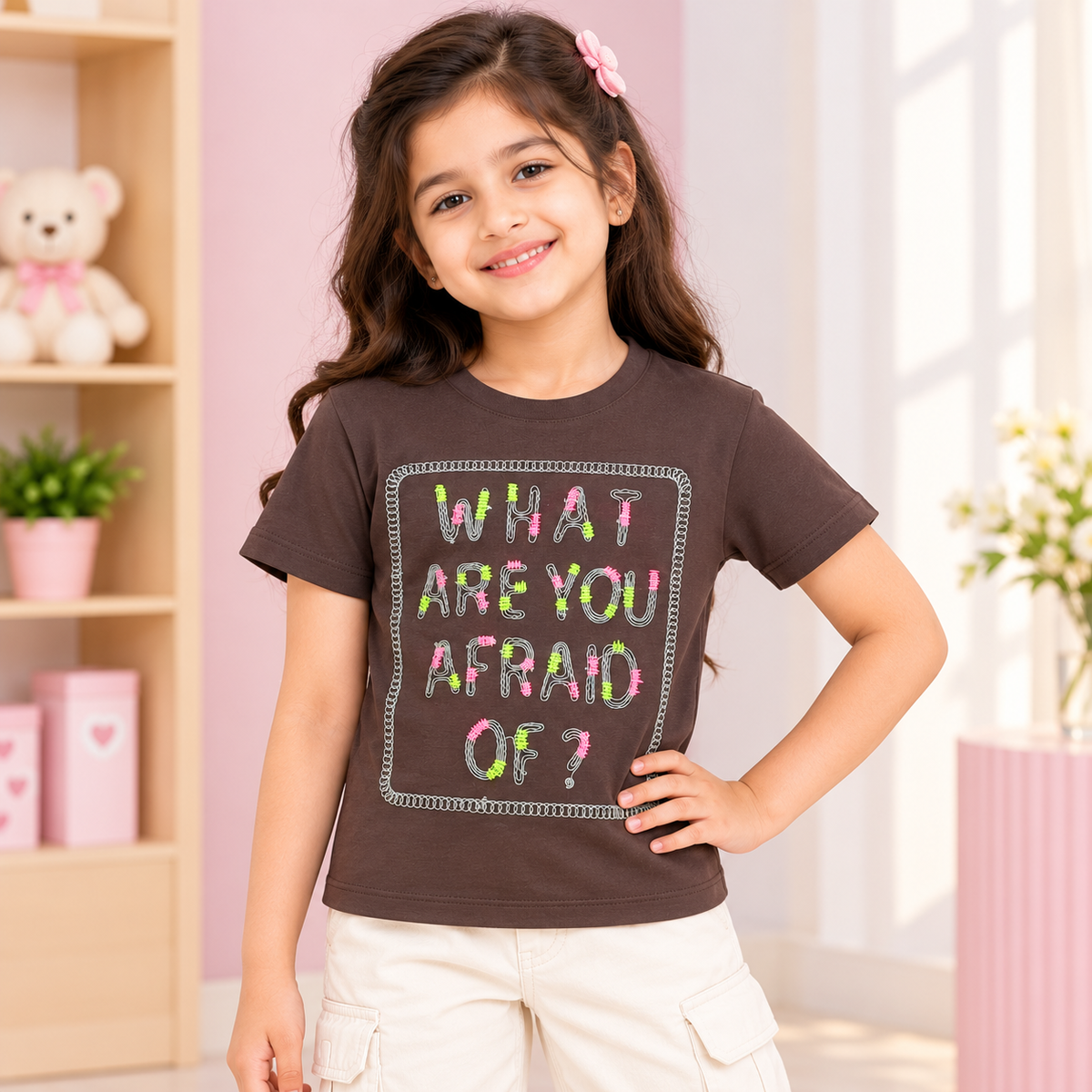 Smile Baby Girls Brown Graphic Embroidered Half Sleeve T-Shirt 