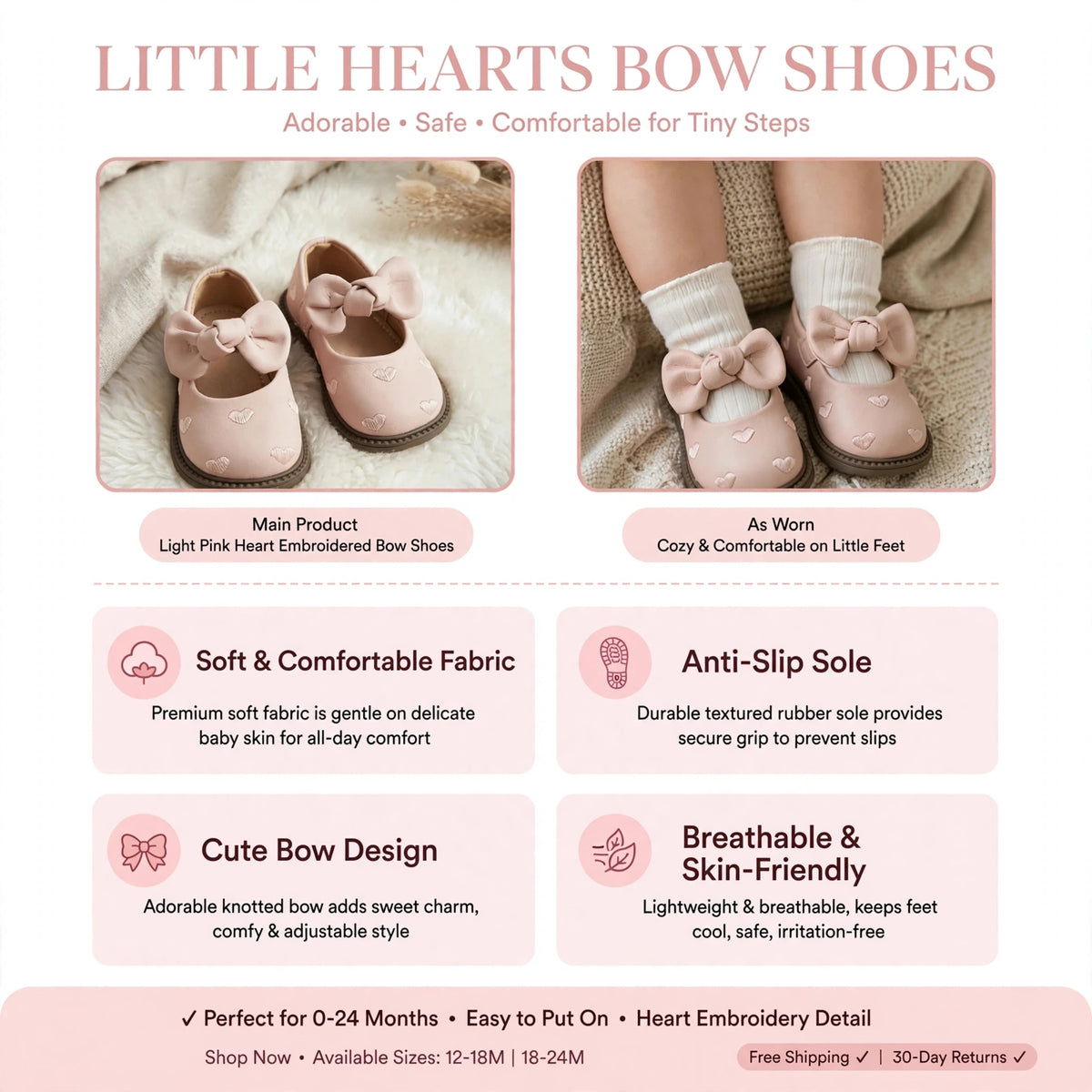 Smile Baby little hearts bow shoes infographic with soft fabric and textured sole features