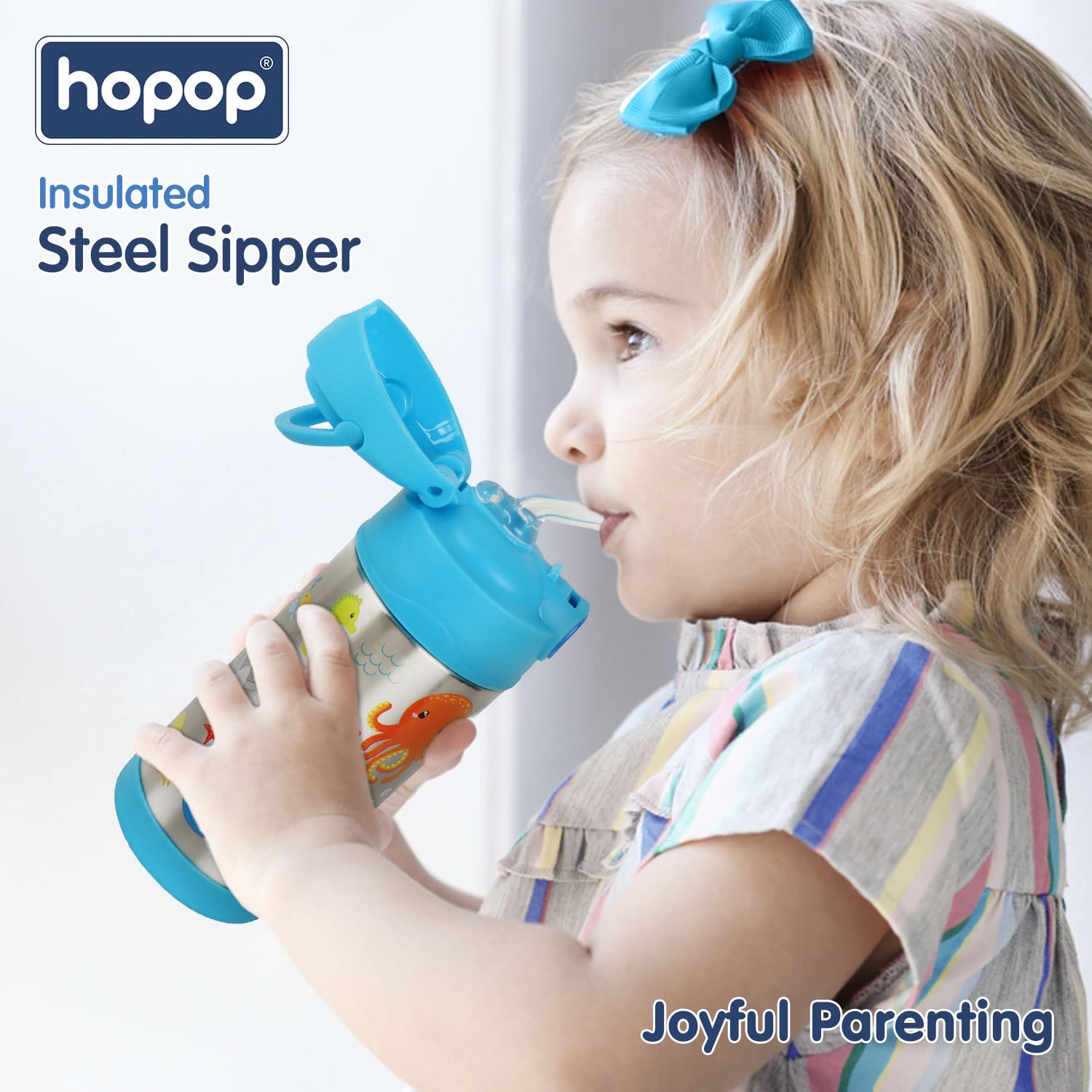 Hopop Kids Insulated Stainless Steel Sipper Bottle 300ml – Double Wall Thermos Water Bottle with Straw & Carry Handle | BPA Free Hot & Cold Bottle | Sea Animals Design