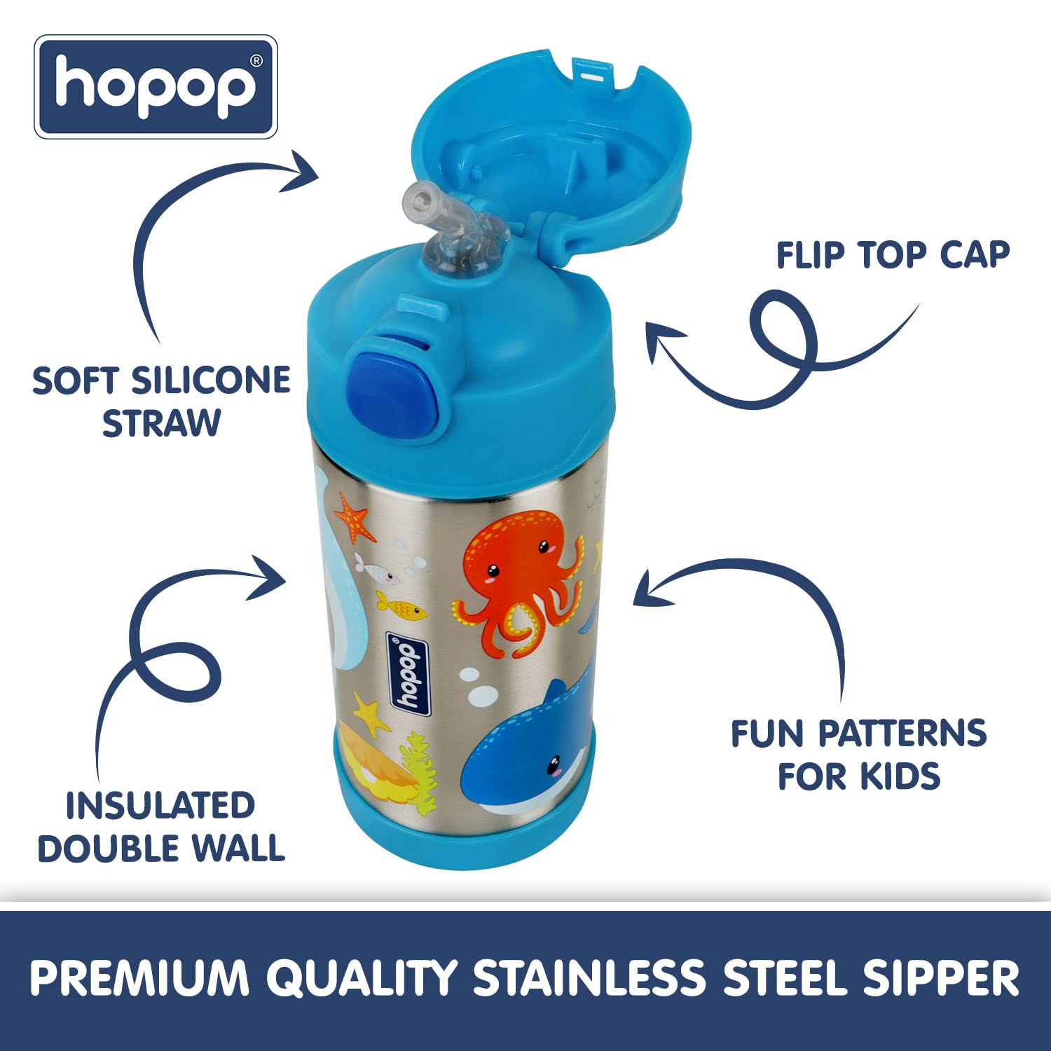 Hopop Kids Insulated Stainless Steel Sipper Bottle 300ml – Double Wall Thermos Water Bottle with Straw & Carry Handle | BPA Free Hot & Cold Bottle | Sea Animals Design