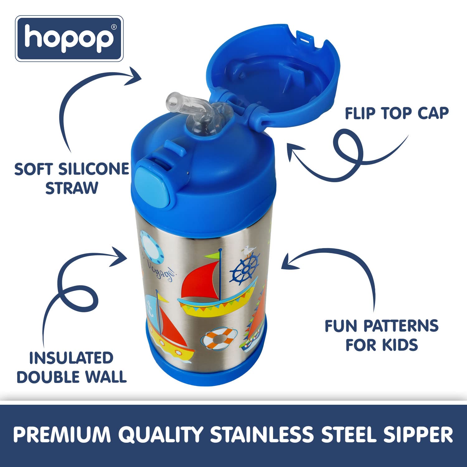 Hopop Insulated Stainless Steel Sipper Water Bottle for Kids | Double Walled Insulated Steel | Cold Water Sipper Bottle with Straw & Carry Handle | Thermos Flask | BPA Free | 300ml | Boat