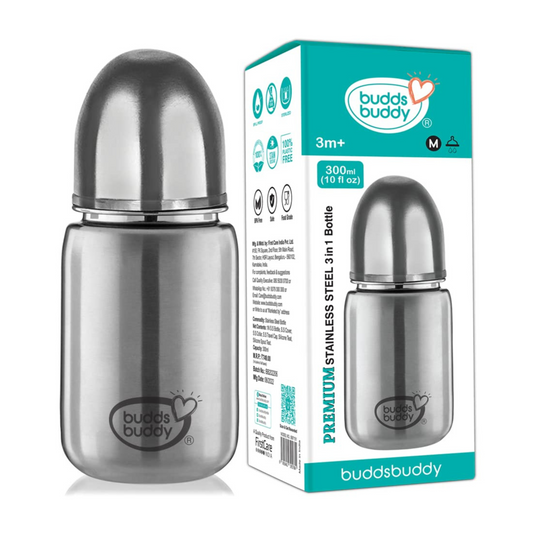 BuddsBuddy 3 in 1 Premium Wide Neck New Baby Feeding Bottle Made with High Grade Stainless Steel | Rust Free Feeding Bottle with Nipple | Leak Proof Baby Bottle | with Extra Spout Sipper | 300 ML