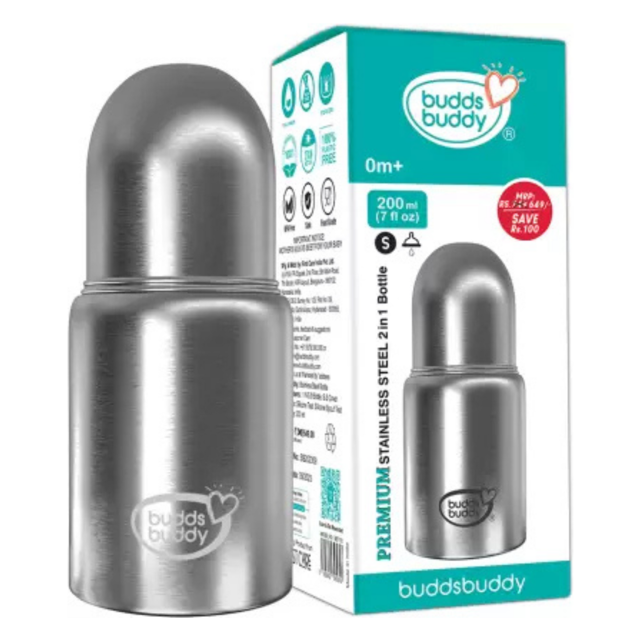 BuddsBuddy 3 in 1 Premium Wide Neck New Baby Feeding Bottle Made with High Grade Stainless Steel | Rust Free Feeding Bottle with Nipple | Leak Proof Baby Bottle | with Extra Spout Sipper | 200 ML