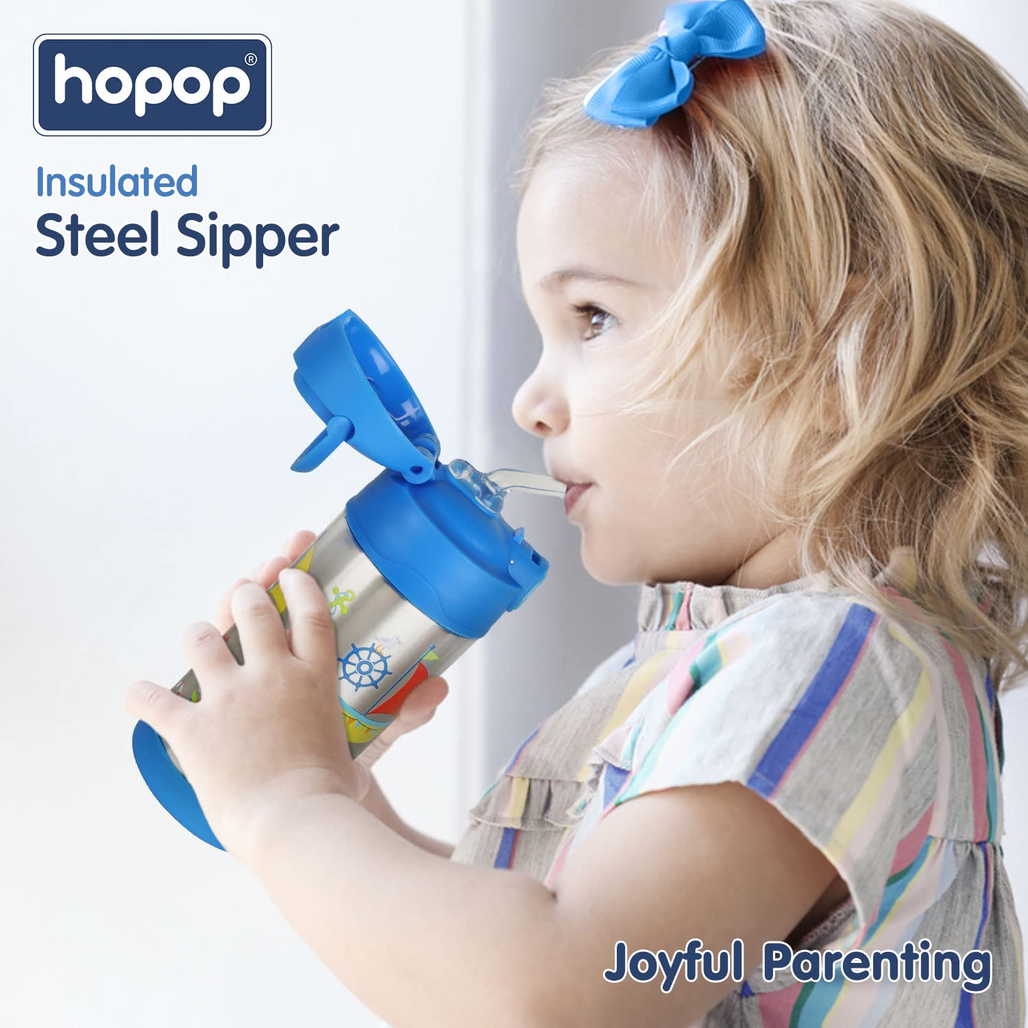 Hopop Insulated Stainless Steel Sipper Water Bottle for Kids | Double Walled Insulated Steel | Cold Water Sipper Bottle with Straw & Carry Handle | Thermos Flask | BPA Free | 300ml | Boat