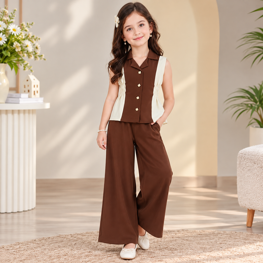 SMILE BABY Girls Premium Sleeveless Collared Top & Wide-Leg Pants Co-Ord Set 
