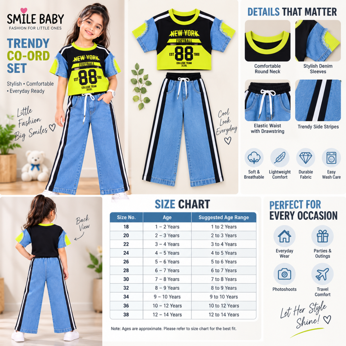 Girls Trendy Co-Ord Set | Denim Sleeve Top & Wide-Leg Pants | Smile Baby 