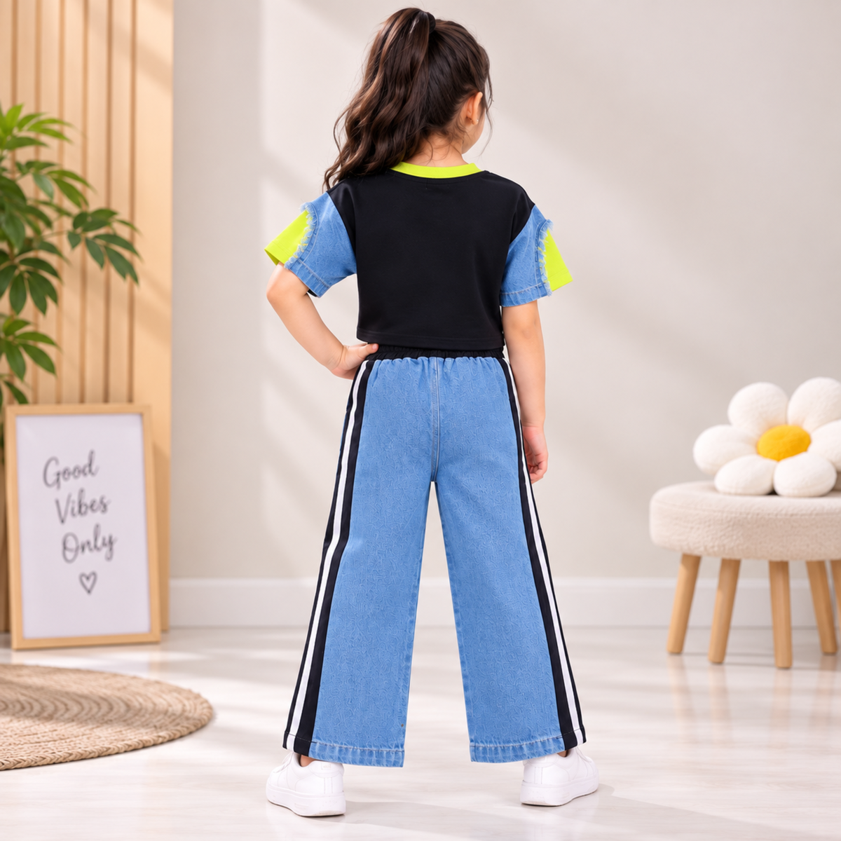 Girls Trendy Co-Ord Set | Denim Sleeve Top & Wide-Leg Pants | Smile Baby 