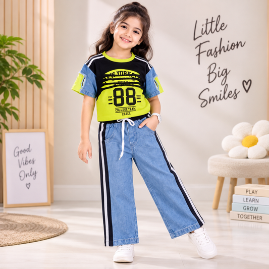 Girls Trendy Co-Ord Set | Denim Sleeve Top & Wide-Leg Pants | Smile Baby 