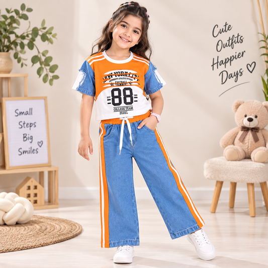 Girls Orange Denim Co-Ord Set | Trendy Printed Top & Wide-Leg Pants | Smile Baby 