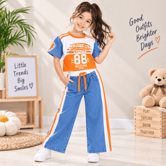 Girls White Orange Co-Ord Set | Printed Top & Wide-Leg Pants | Smile Baby 