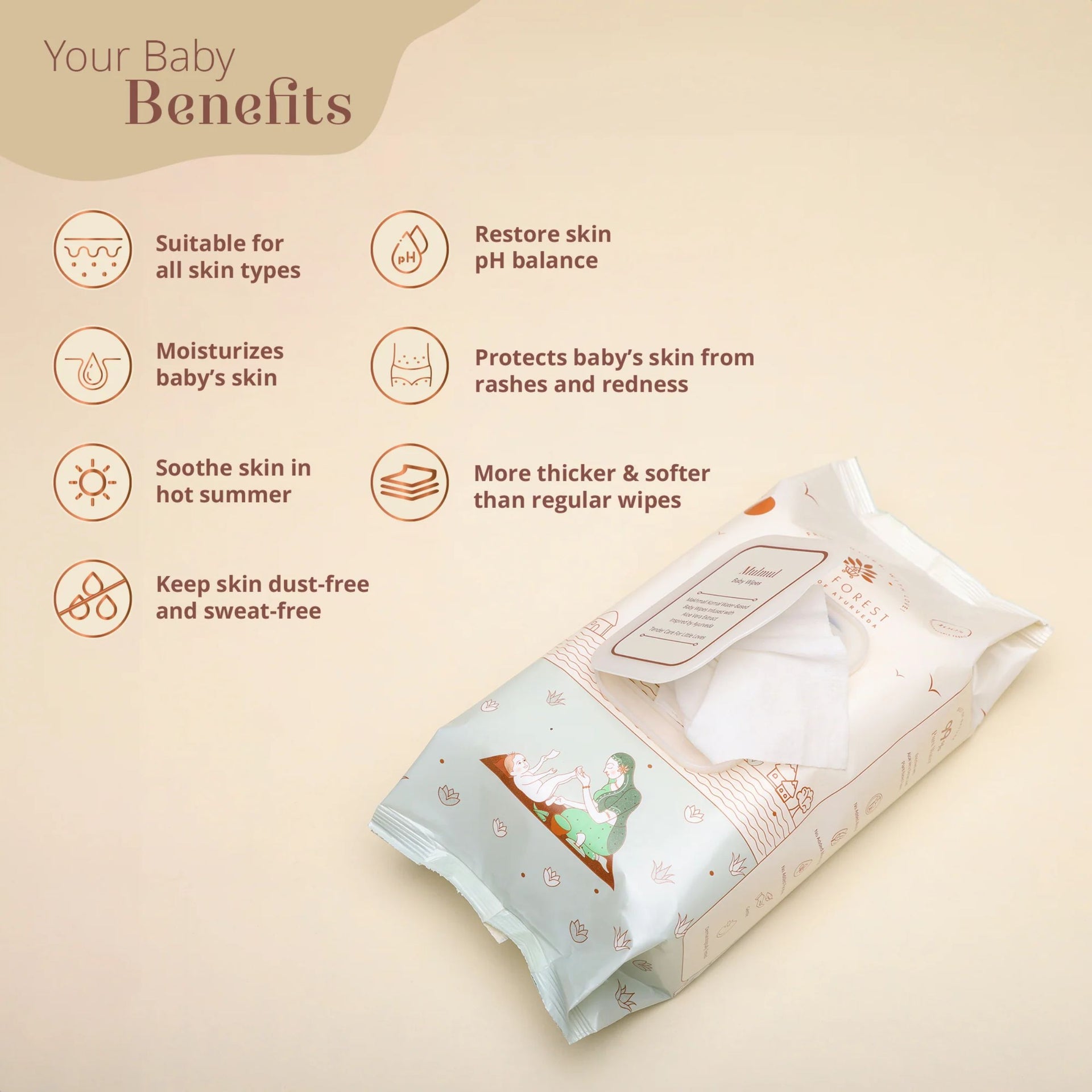 Baby Forest Mulmul Baby Wipes | Water-Based & Aloe Vera Infused | Gentle Wipes for Newborns & Babies