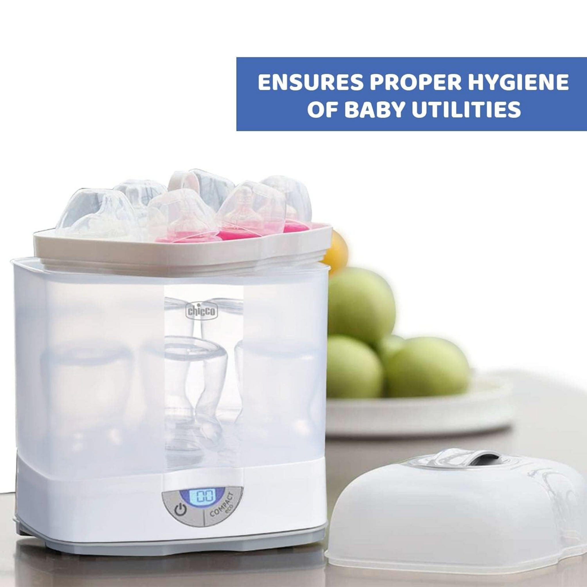 Chicco 3 in1 Steam Sterilizer (Microwave Compatible) | 6 Bottles | Kills 99.9% Of Germs | Stay Sterilized upto 24hrs | 5 Min Fast Sterilization |Auto Switch Off | Portable & Travel Friendly