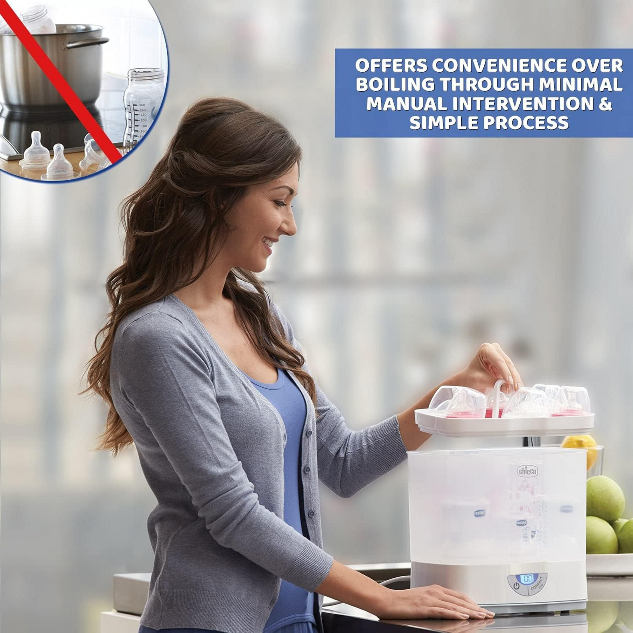 Chicco 3 in1 Steam Sterilizer (Microwave Compatible) | 6 Bottles | Kills 99.9% Of Germs | Stay Sterilized upto 24hrs | 5 Min Fast Sterilization |Auto Switch Off | Portable & Travel Friendly