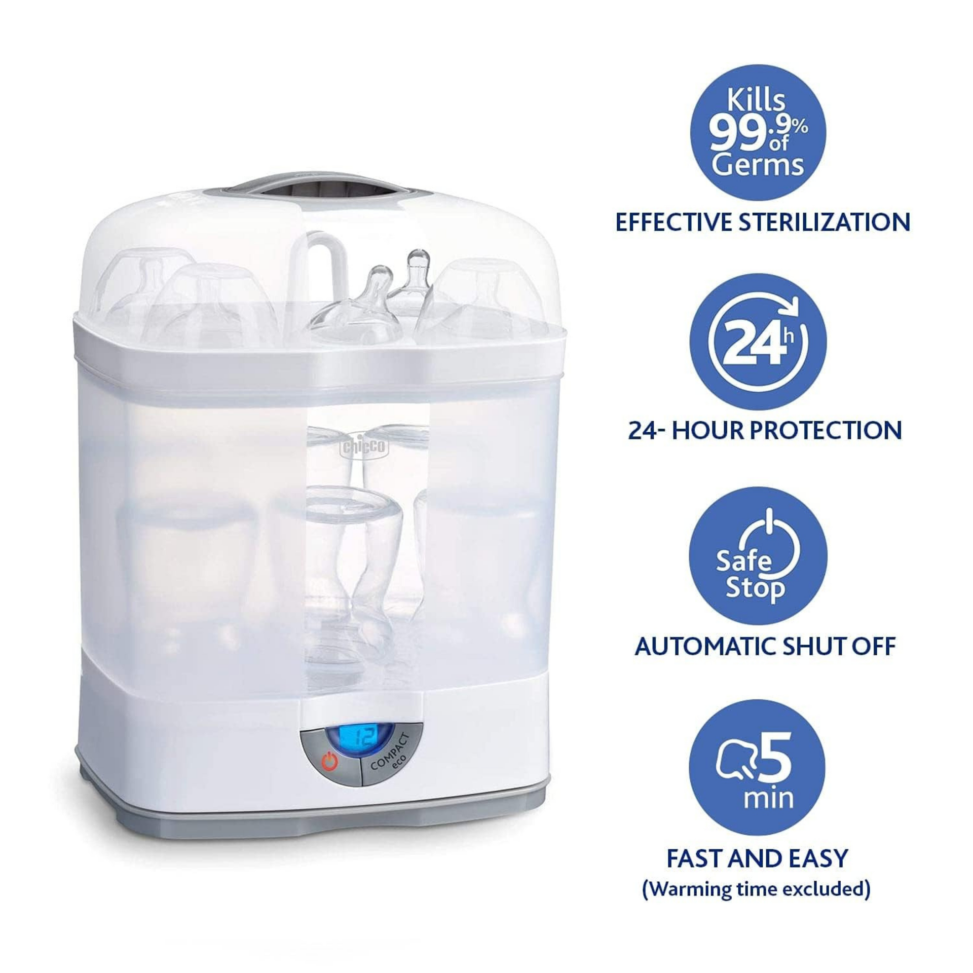 Chicco 3 in1 Steam Sterilizer (Microwave Compatible) | 6 Bottles | Kills 99.9% Of Germs | Stay Sterilized upto 24hrs | 5 Min Fast Sterilization |Auto Switch Off | Portable & Travel Friendly