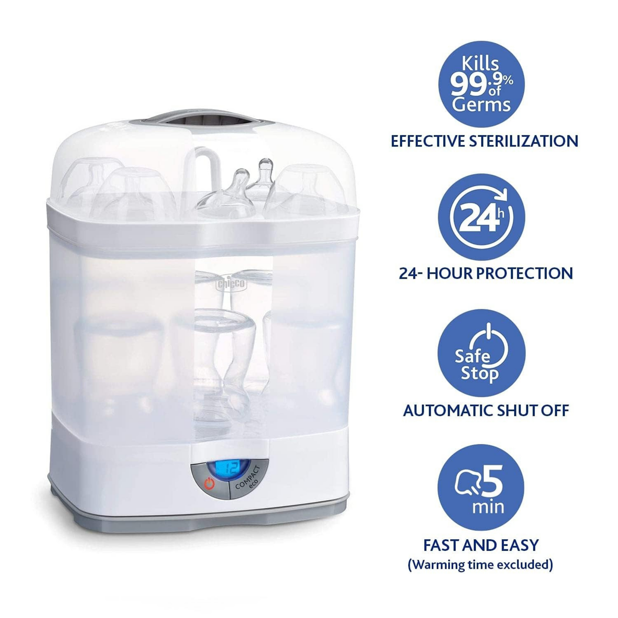 Chicco 3 in1 Steam Sterilizer (Microwave Compatible) | 6 Bottles | Kills 99.9% Of Germs | Stay Sterilized upto 24hrs | 5 Min Fast Sterilization |Auto Switch Off | Portable & Travel Friendly