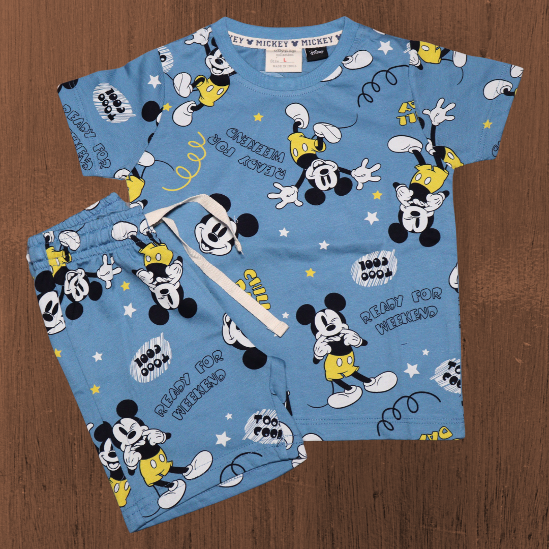 OLLYPOP T-shirt and shorts | allover micky mouse printed | round neck and half sleeve T-shirt | almond and blue color T-shirt and shorts set