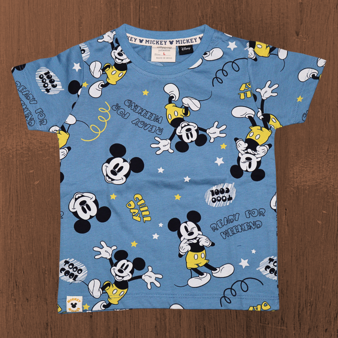OLLYPOP T-shirt and shorts | allover micky mouse printed | round neck and half sleeve T-shirt | almond and blue color T-shirt and shorts set