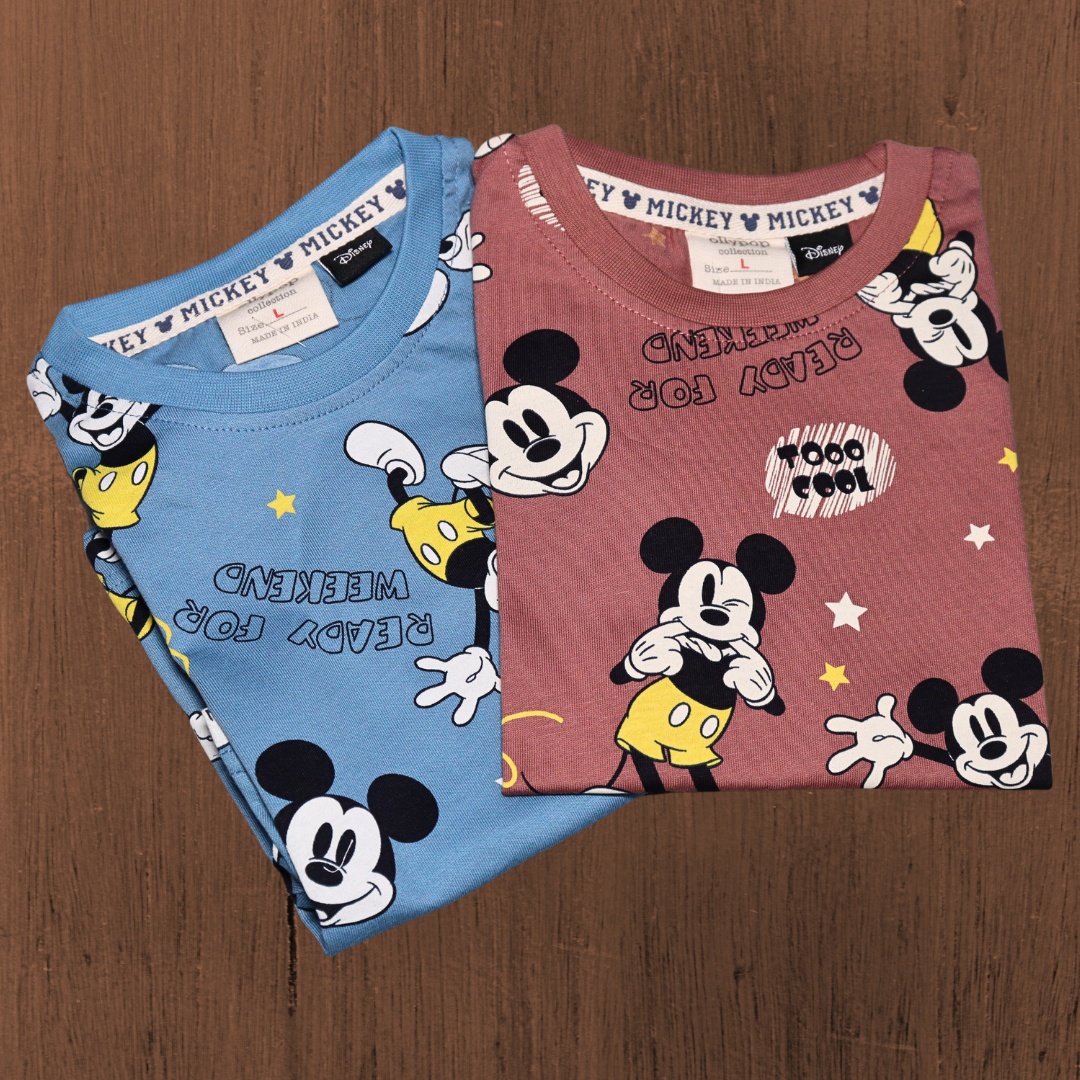 OLLYPOP T-shirt and shorts | allover micky mouse printed | round neck and half sleeve T-shirt | almond and blue color T-shirt and shorts set