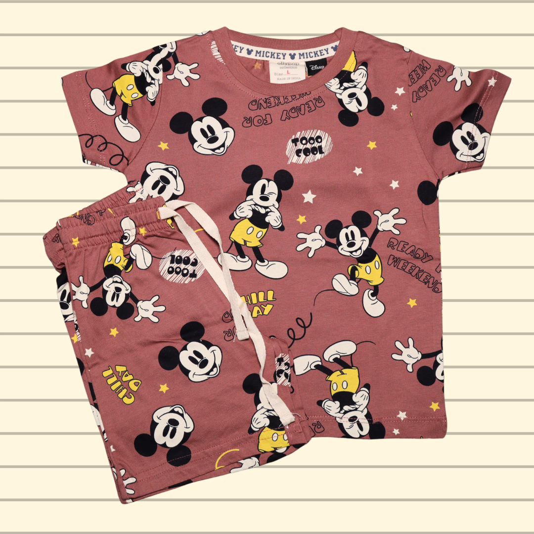 OLLYPOP T-shirt and shorts | allover micky mouse printed | round neck and half sleeve T-shirt | almond and blue color T-shirt and shorts set
