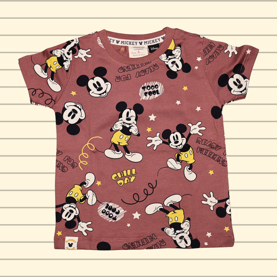 OLLYPOP T-shirt and shorts | allover micky mouse printed | round neck and half sleeve T-shirt | almond and blue color T-shirt and shorts set