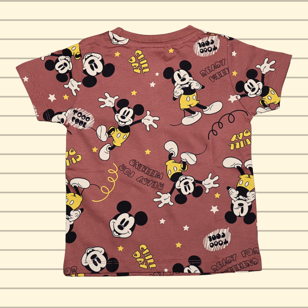 OLLYPOP T-shirt and shorts | allover micky mouse printed | round neck and half sleeve T-shirt | almond and blue color T-shirt and shorts set