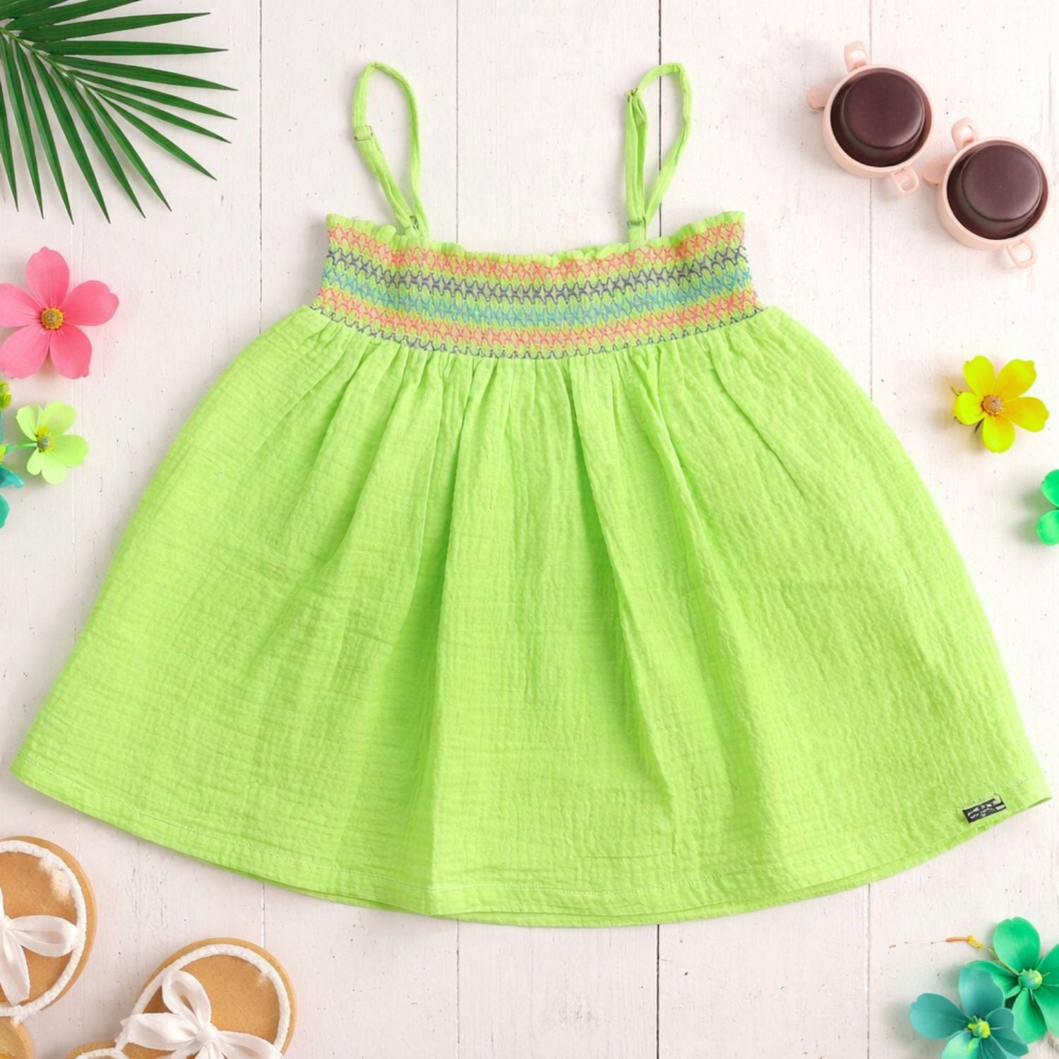 ORRIGANY Girls Liril Green Smocked Summer Dress | Sleeveless Strap Cotton Dress for Baby Girls (9 Months – 6 Years)