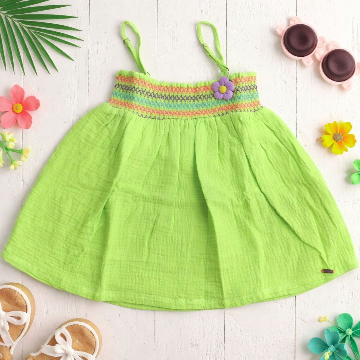 ORRIGANY Girls Liril Green Smocked Summer Dress | Sleeveless Strap Cotton Dress for Baby Girls (9 Months – 6 Years)