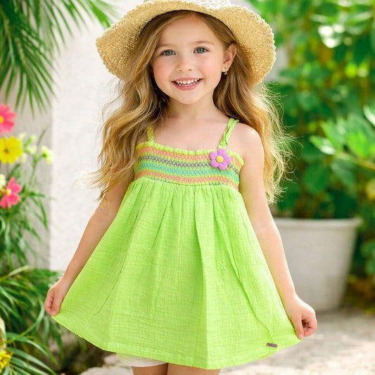 ORRIGANY Girls Liril Green Smocked Summer Dress | Sleeveless Strap Cotton Dress for Baby Girls (9 Months – 6 Years)