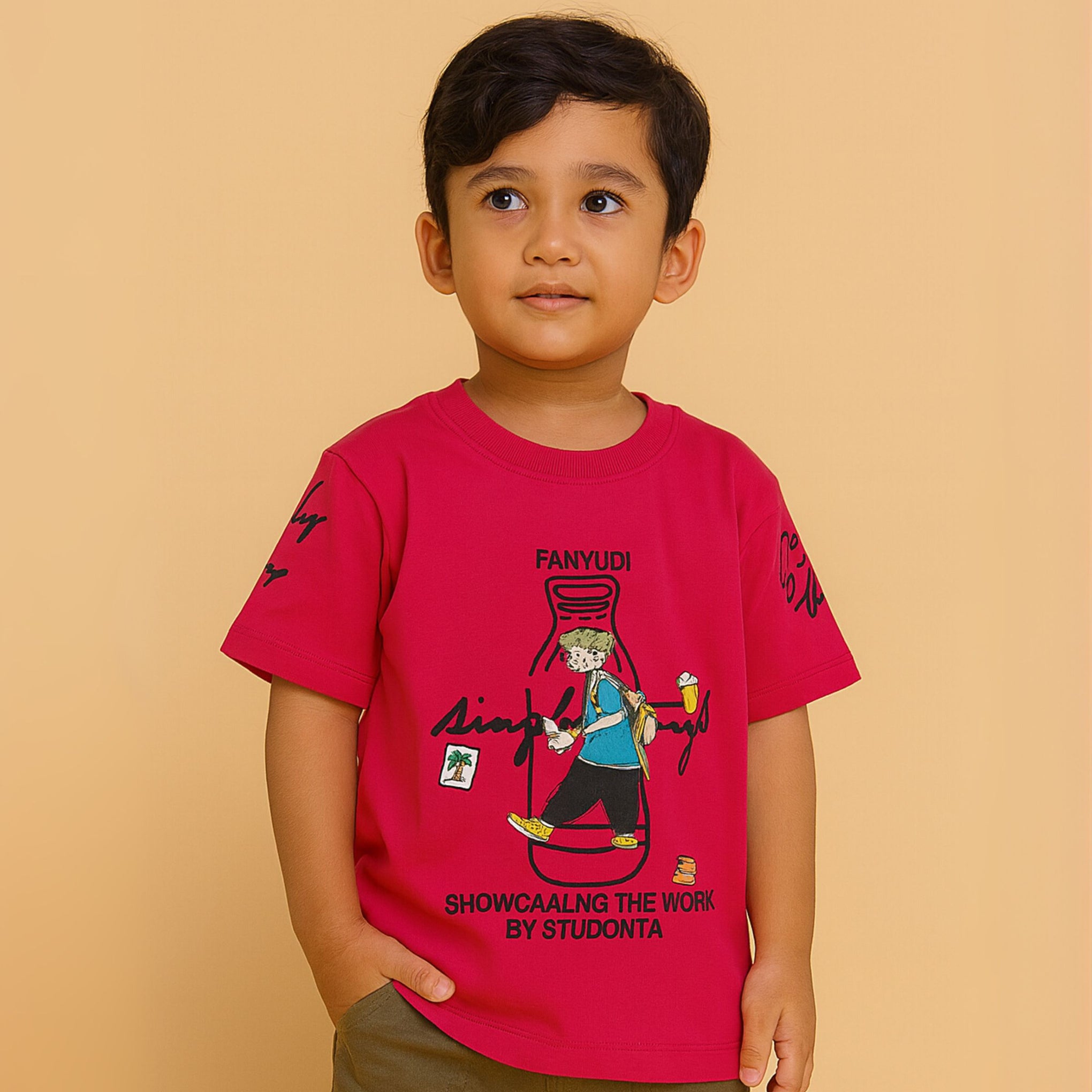 Smile Baby Boys’ Cotton Graphic T-Shirt – Brown & Rani, 12 Months to 5 Years