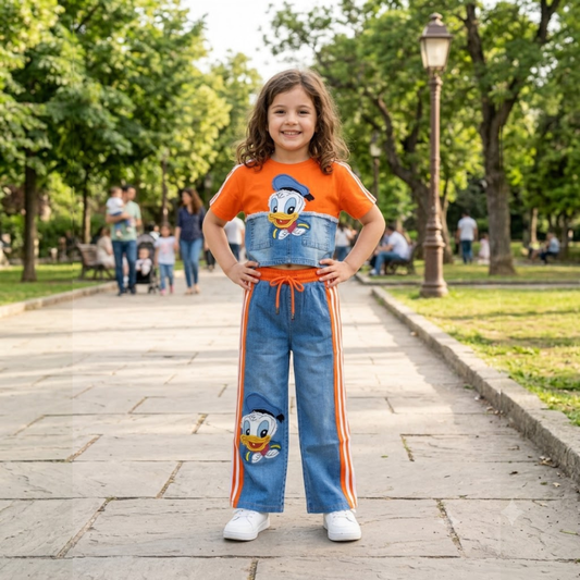 SMILE BABY Girls Donald Duck Printed Co-ord Set | Cotton Blend T-Shirt with Wide Leg Denim Look Pants | Casual Outfit | Sizes 28-38 (Age 6-14 Years)