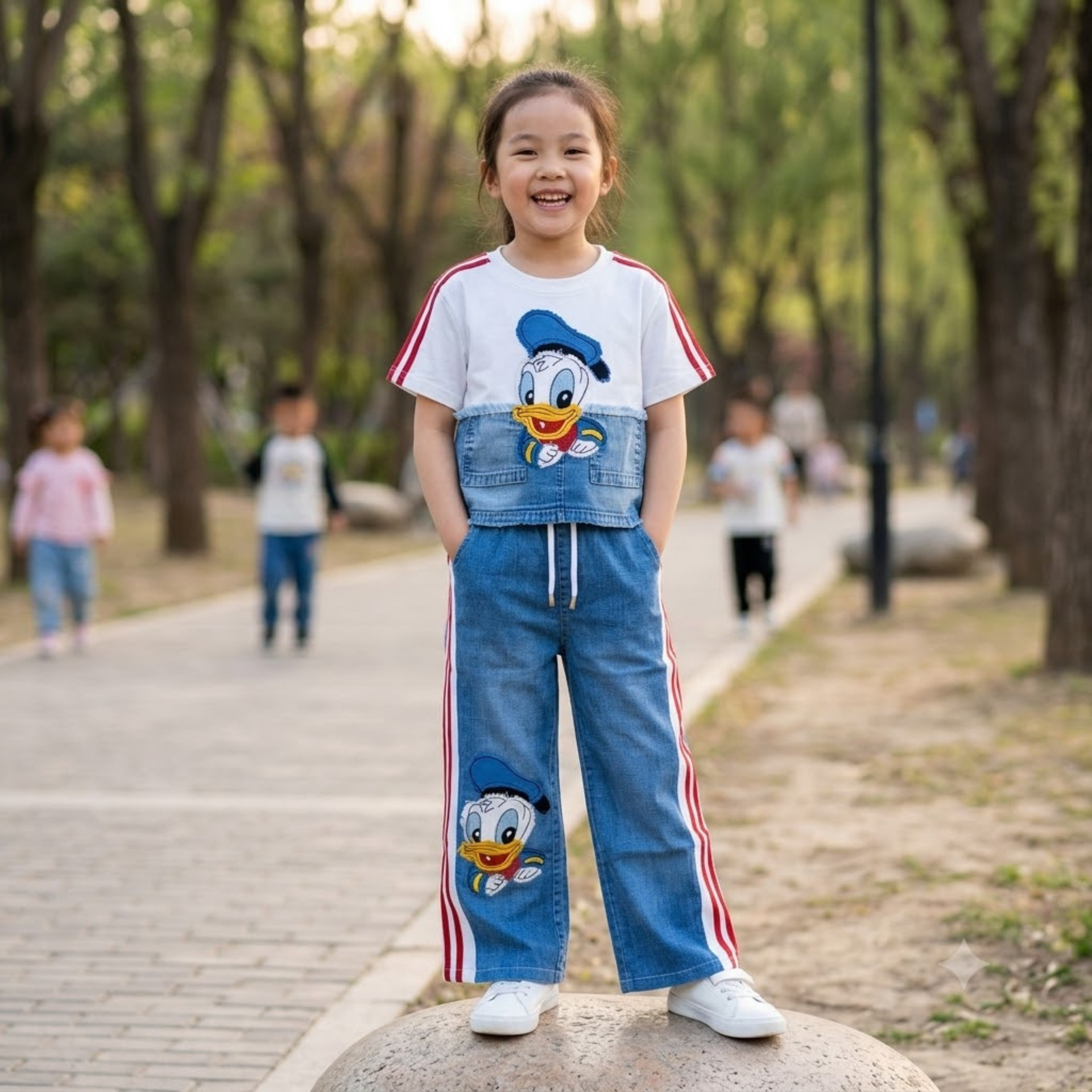 SMILE BABY Girls Donald Duck Printed Co-ord Set | Cotton Blend T-Shirt with Wide Leg Denim Look Pants | Casual Outfit | Sizes 28-38 (Age 6-14 Years)