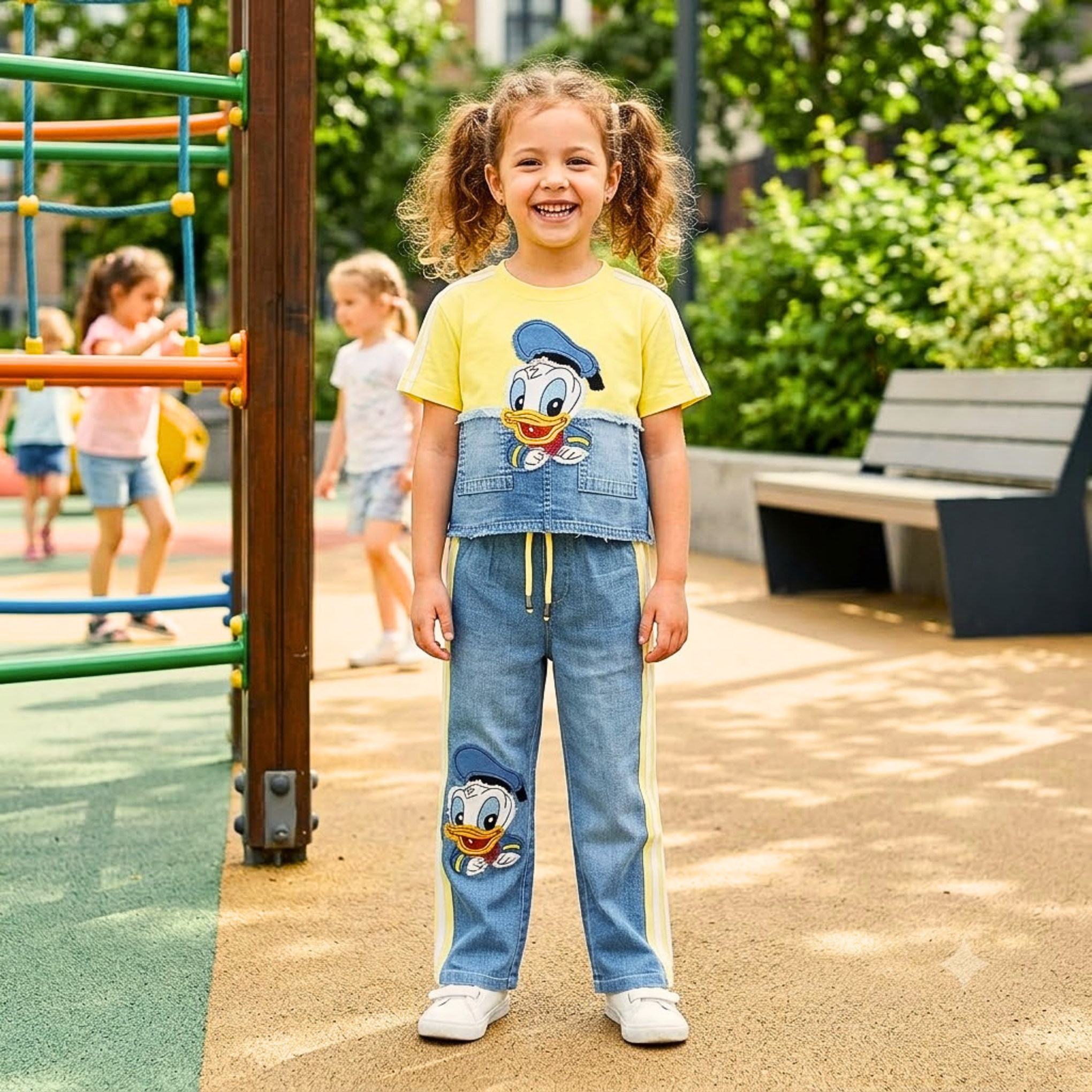 SMILE BABY Girls Donald Duck Printed Co-ord Set | Cotton Blend T-Shirt with Wide Leg Denim Look Pants | Casual Outfit | Sizes 28-38 (Age 6-14 Years)