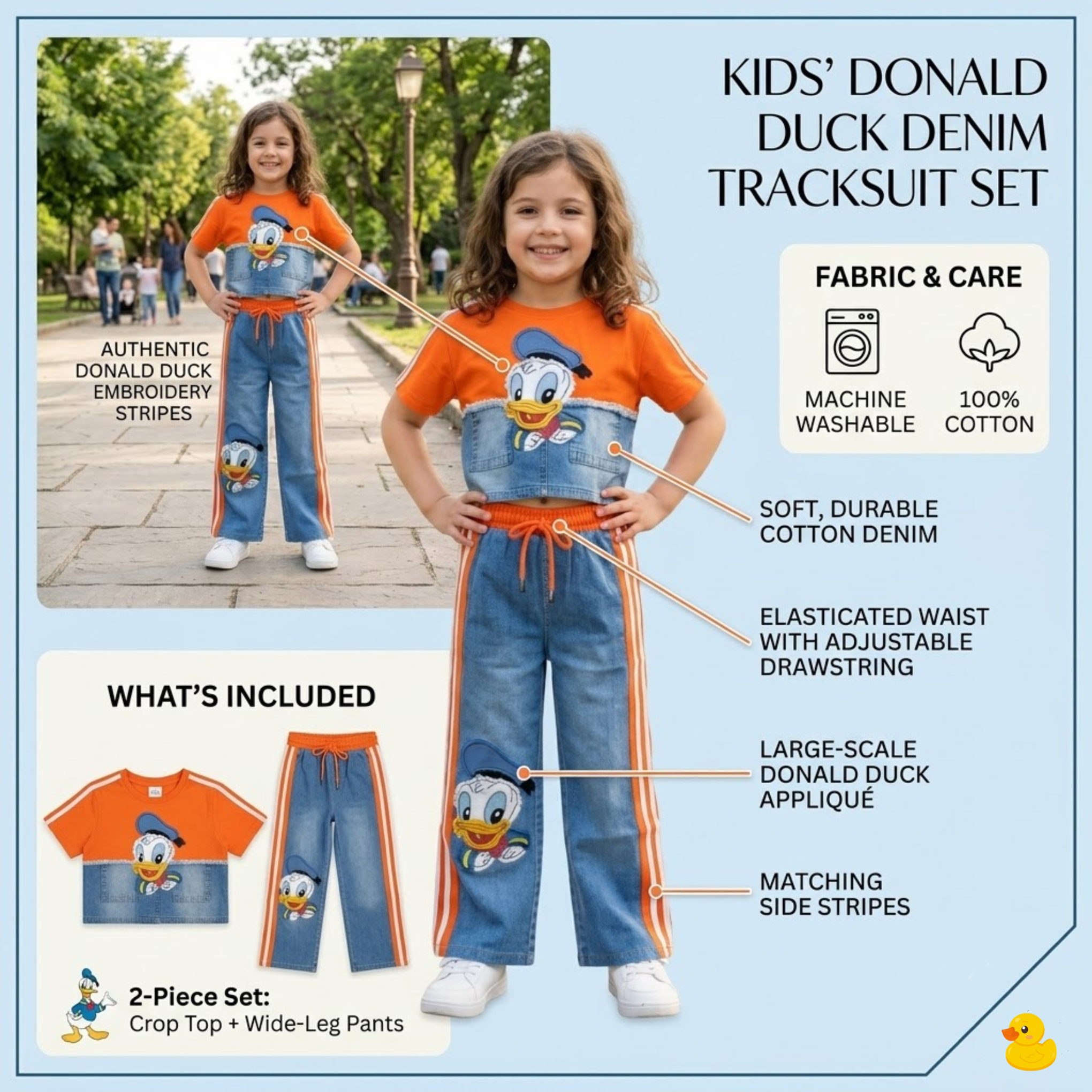 SMILE BABY Girls Donald Duck Printed Co-ord Set | Cotton Blend T-Shirt with Wide Leg Denim Look Pants | Casual Outfit | Sizes 28-38 (Age 6-14 Years)