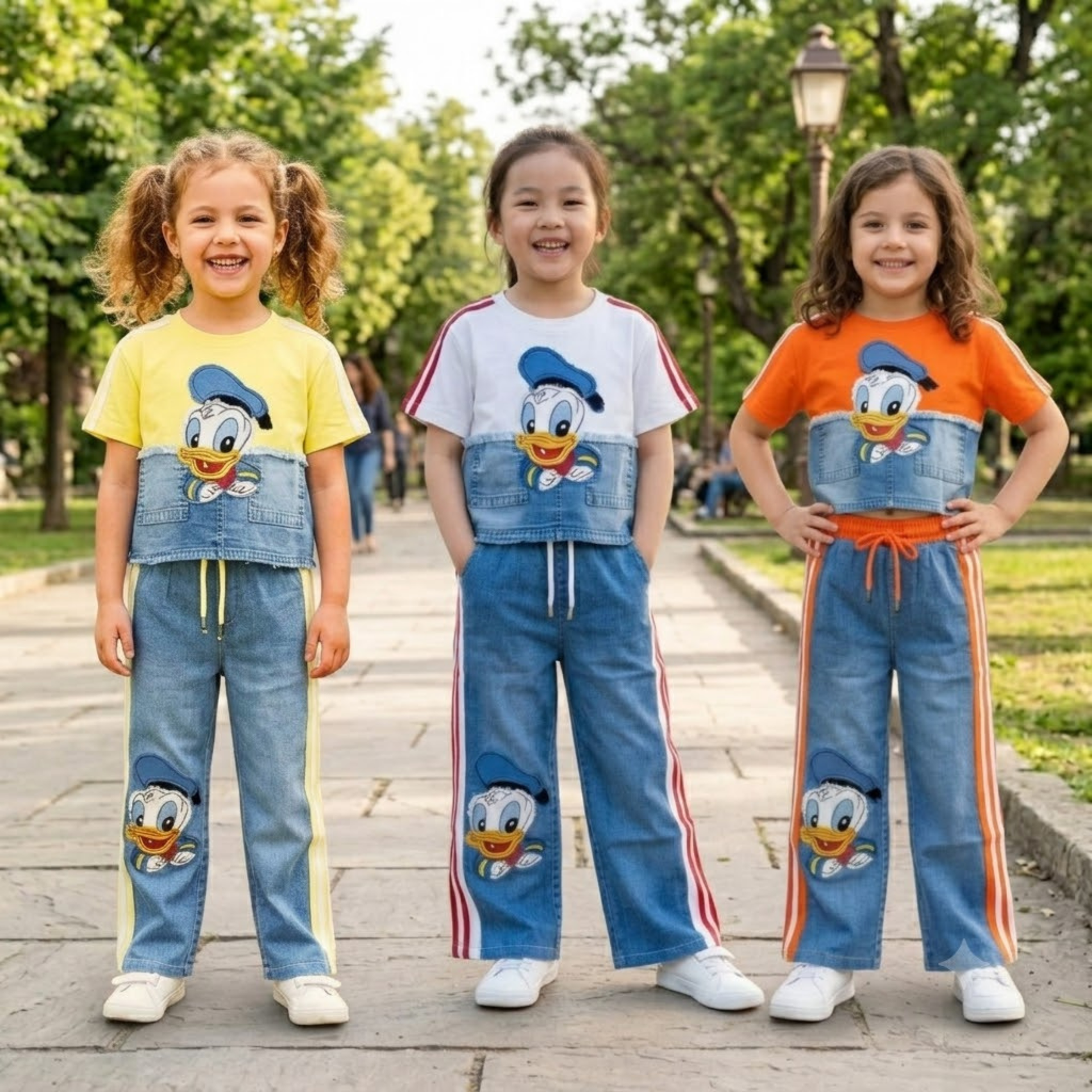 SMILE BABY Girls Donald Duck Printed Co-ord Set | Cotton Blend T-Shirt with Wide Leg Denim Look Pants | Casual Outfit | Sizes 28-38 (Age 6-14 Years)
