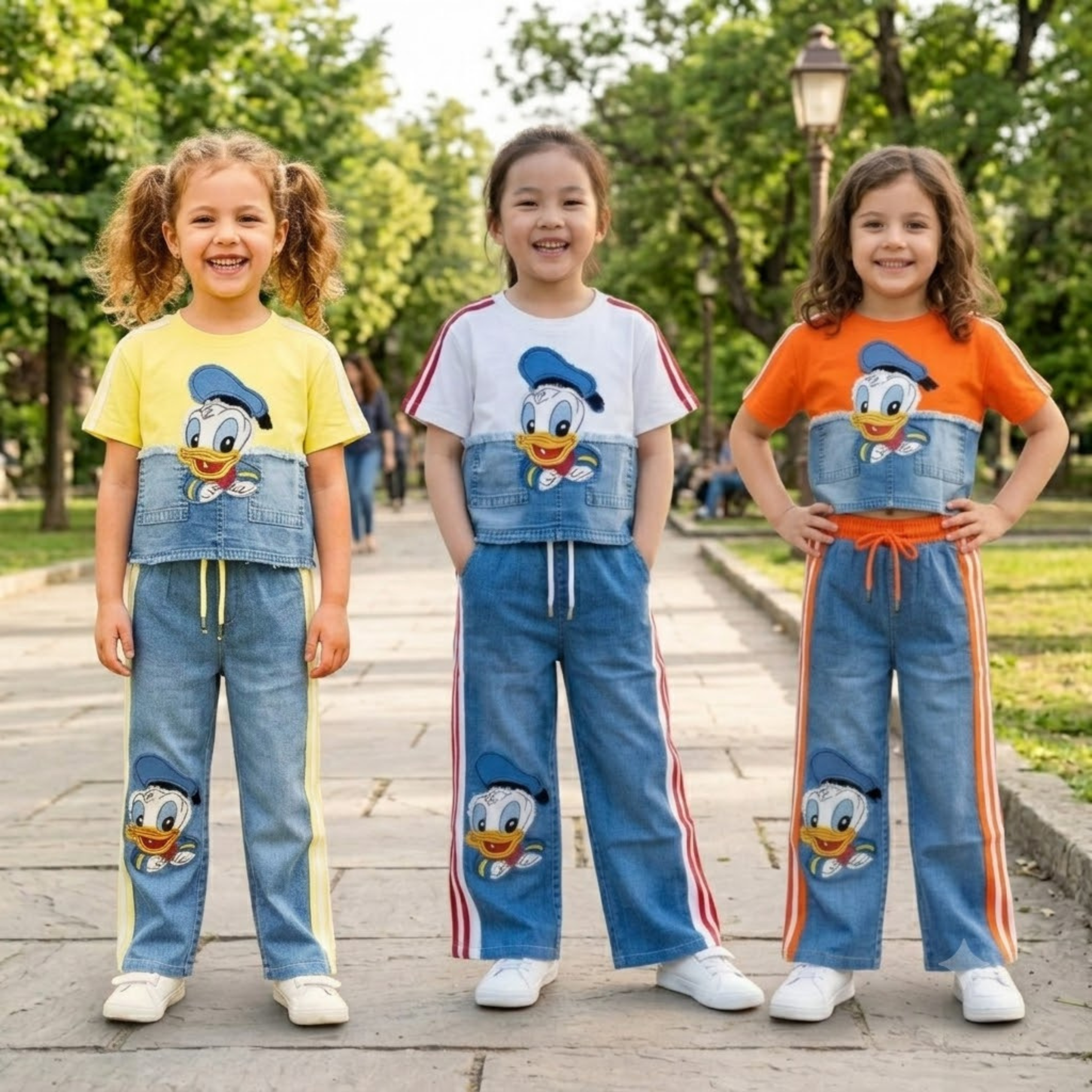 SMILE BABY Girls Donald Duck Printed Co-ord Set | Cotton Blend T-Shirt with Wide Leg Denim Look Pants | Casual Outfit | Sizes 28-38 (Age 6-14 Years)