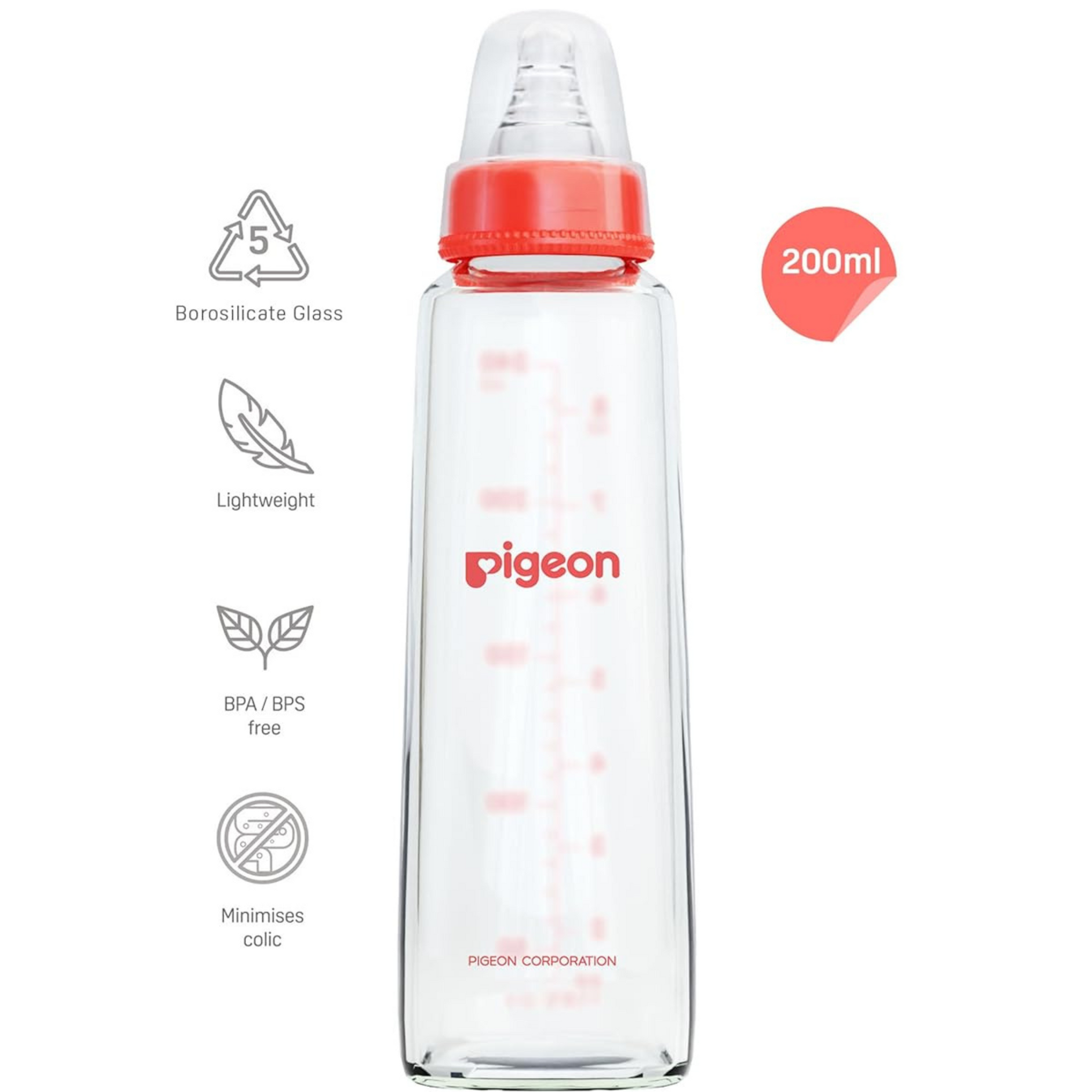Pigeon Flexible Glass Nursing/Feeding Bottle With Added Nipple M,For 4+ Month Babies,Borosilicate Nursing/Feeding Bottle for Babies,BPA Free,BPS Free,200 ml