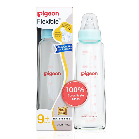 Pigeon Glass Baby Feeding Bottle, With Added Nipple L, For 9+ Month Babies,BPS Free,BPA Free,With Add Nipple L, 240 ml