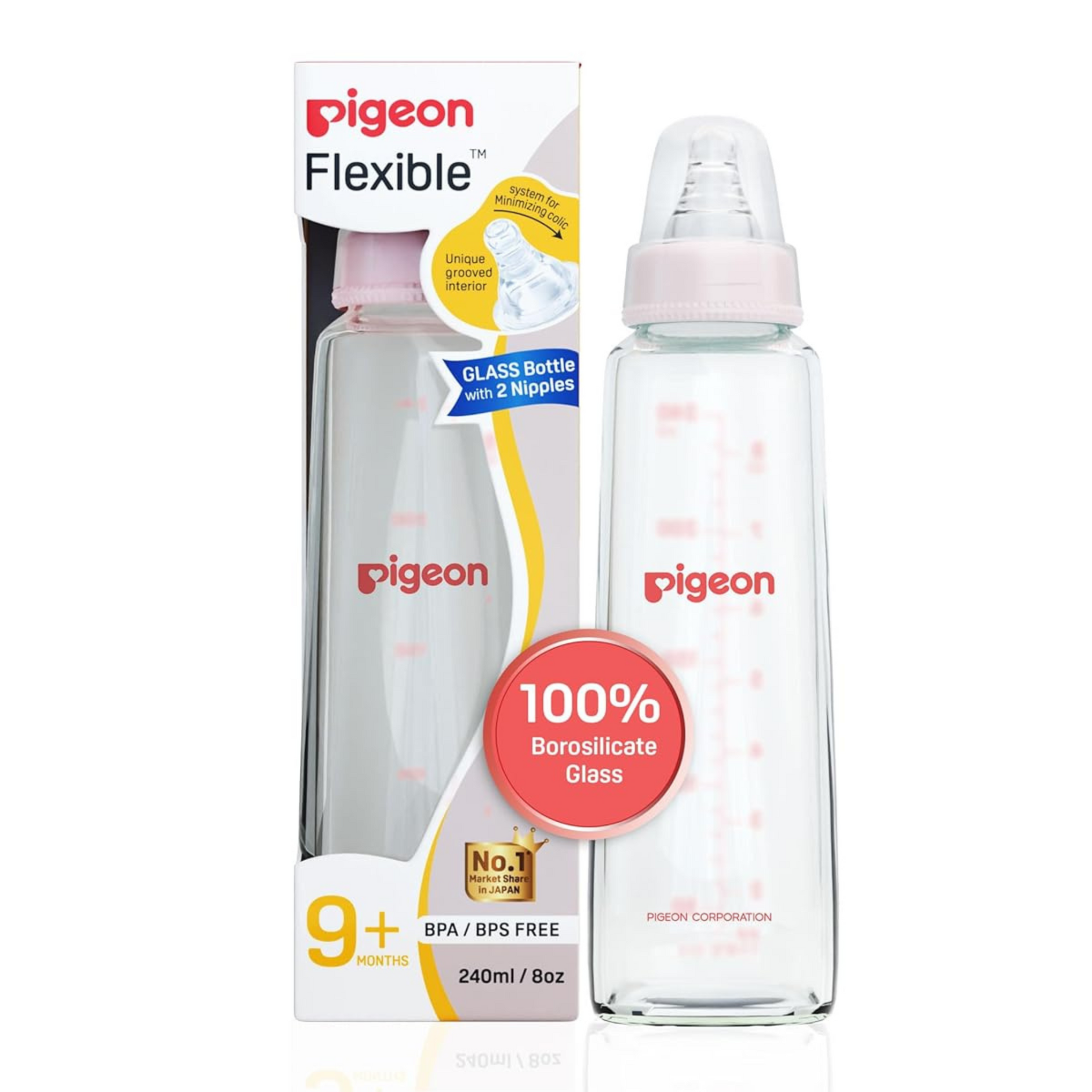 Pigeon Glass Baby Feeding Bottle, With Added Nipple L, For 9+ Month Babies,BPS Free,BPA Free,With Add Nipple L, 240 ml