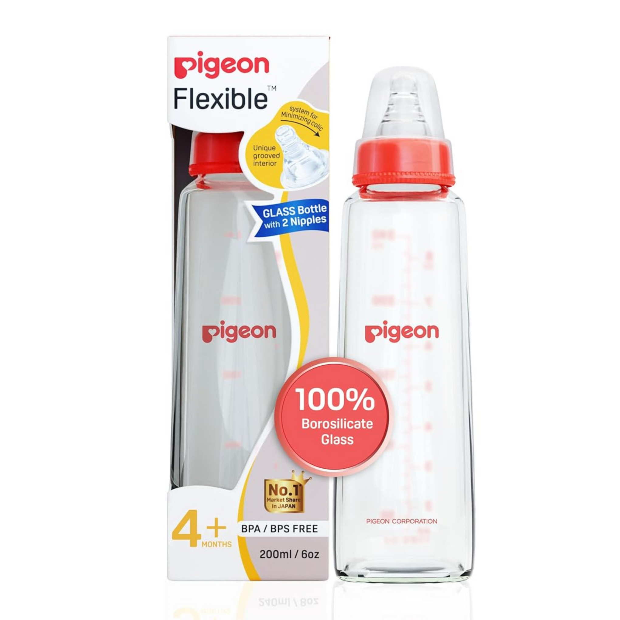 Pigeon Flexible Glass Nursing/Feeding Bottle With Added Nipple M,For 4+ Month Babies,Borosilicate Nursing/Feeding Bottle for Babies,BPA Free,BPS Free,200 ml