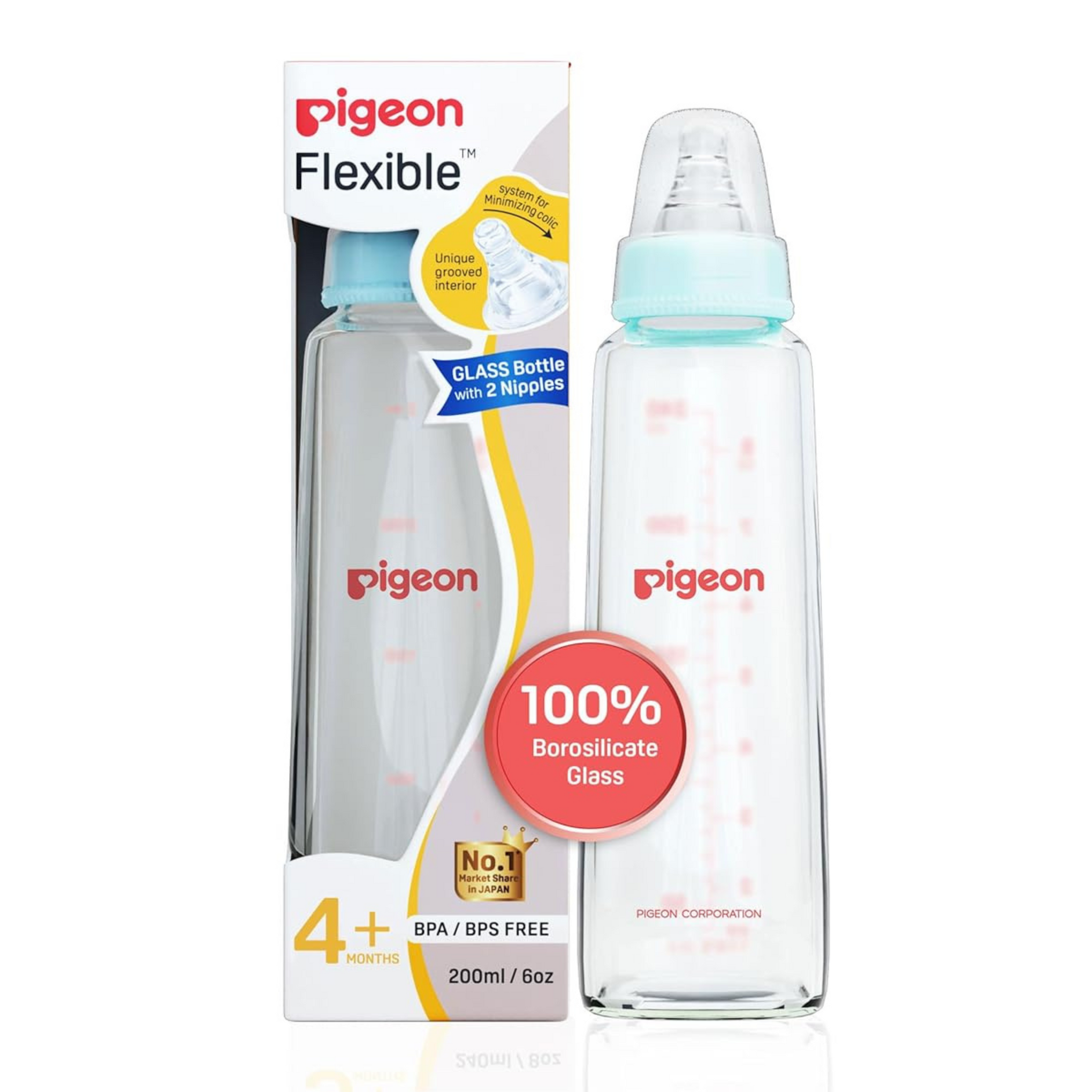 Pigeon Flexible Glass Nursing/Feeding Bottle With Added Nipple M,For 4+ Month Babies,Borosilicate Nursing/Feeding Bottle for Babies,BPA Free,BPS Free,200 ml