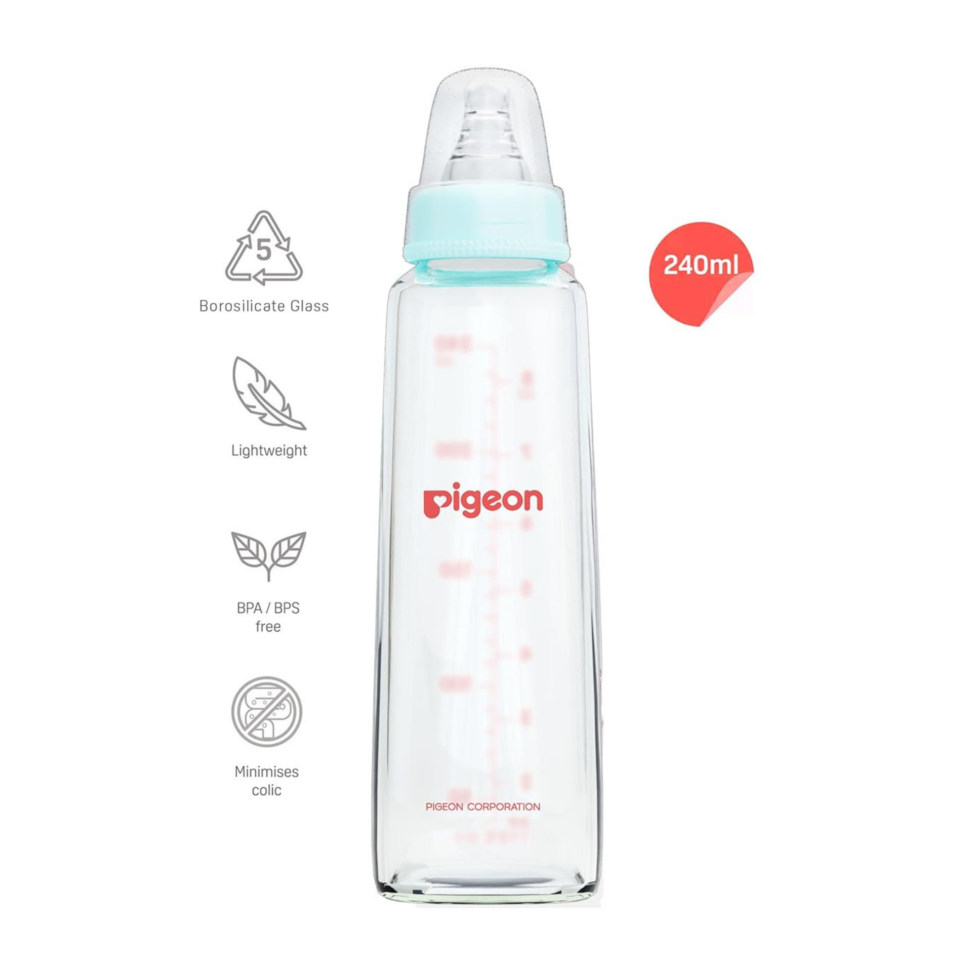 Pigeon Glass Baby Feeding Bottle, With Added Nipple L, For 9+ Month Babies,BPS Free,BPA Free,With Add Nipple L, 240 ml