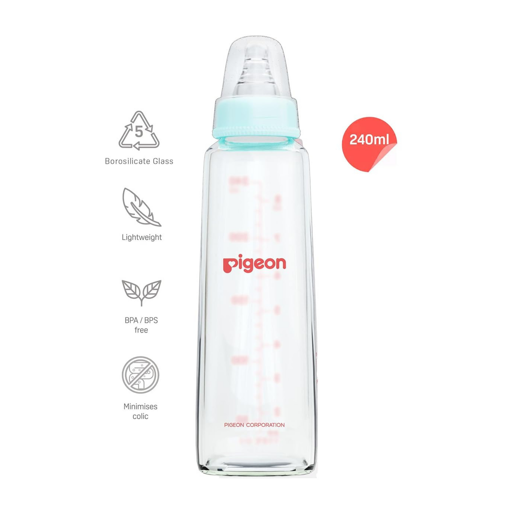 Pigeon Glass Baby Feeding Bottle, With Added Nipple L, For 9+ Month Babies,BPS Free,BPA Free,With Add Nipple L, 240 ml